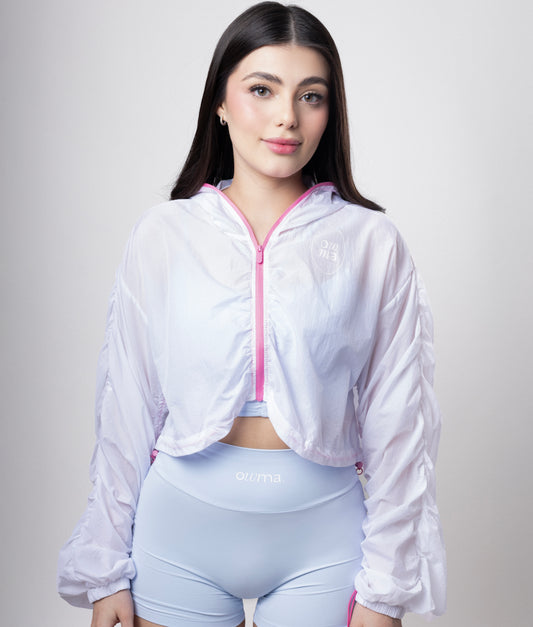 Chamarra rompe vientos, blanco con rosa